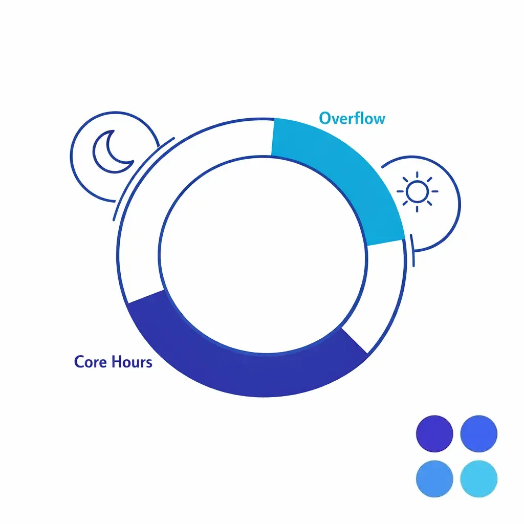 A 24-hour clock diagram shows after-hours overflow coverage across multiple time zones.