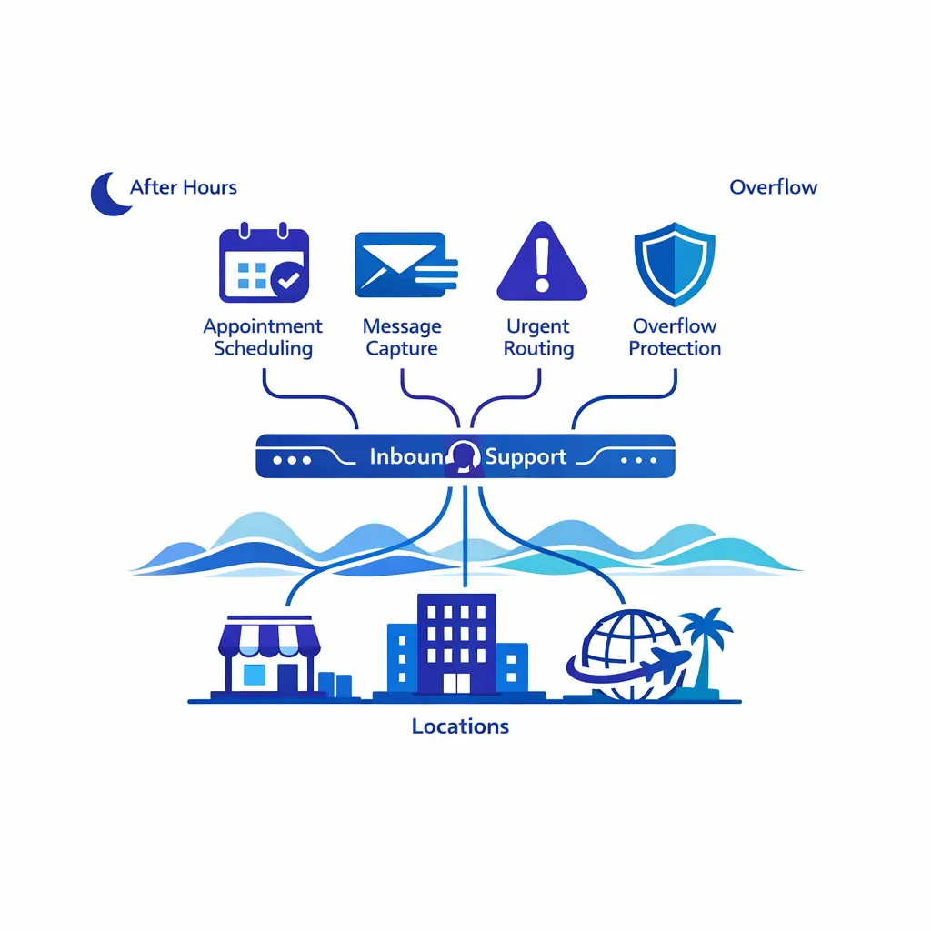 Multiple business locations feed calls into a shared support layer that stabilizes peak demand and after-hours intake.
