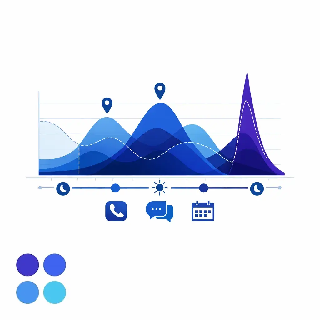 A blue service chart highlights after-hours gaps, peak spikes, and overflow pressure across locations.