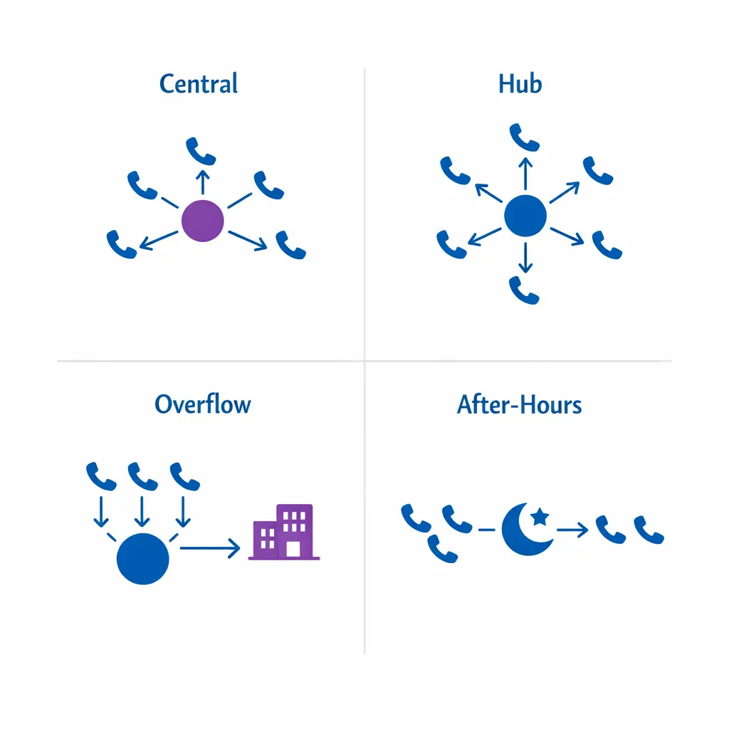 Four small panels compare centralized, hub-and-spoke, overflow, and after-hours coverage using simple routing diagrams.