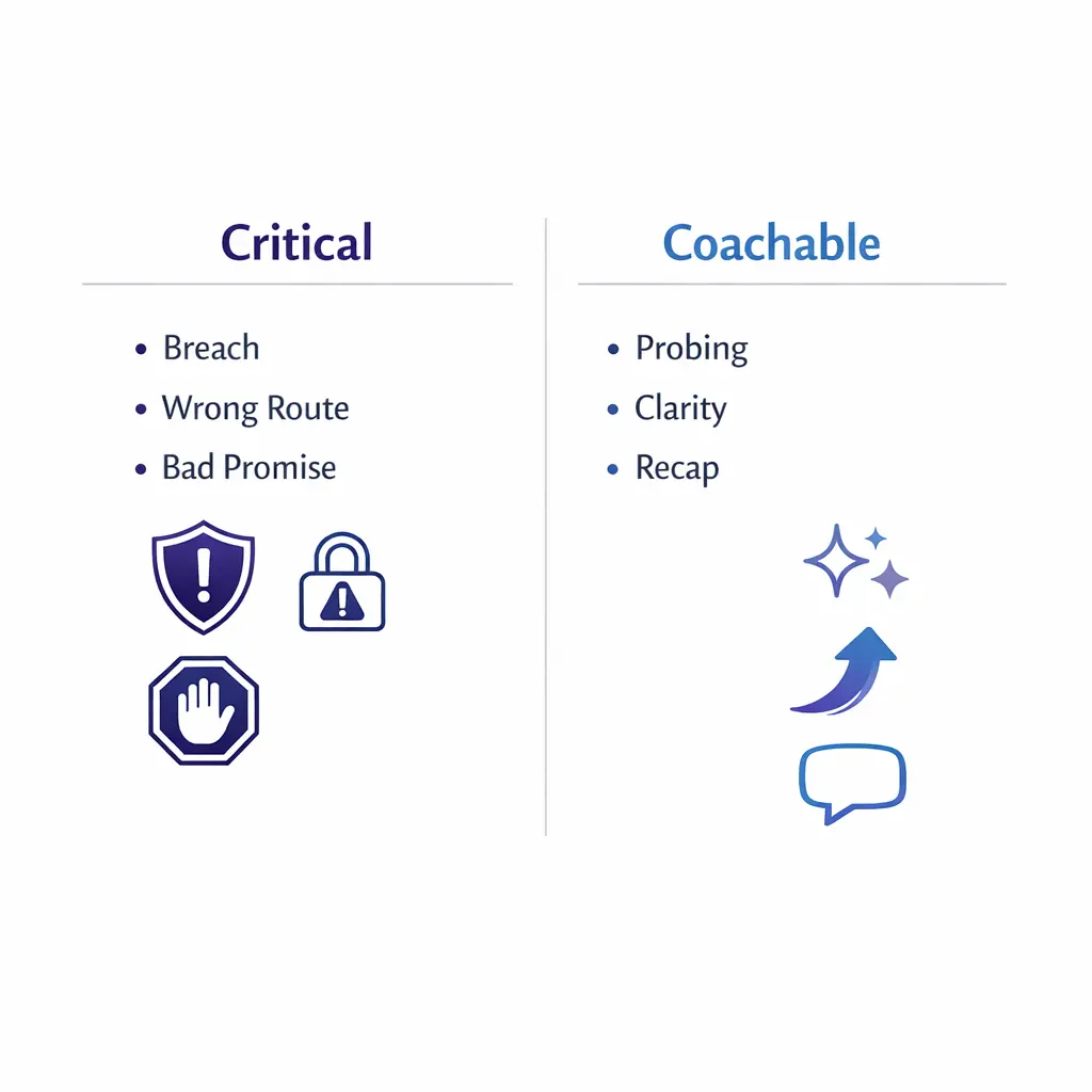 Two columns contrast auto-fail critical errors with coachable misses using simple icons and checkmarks.