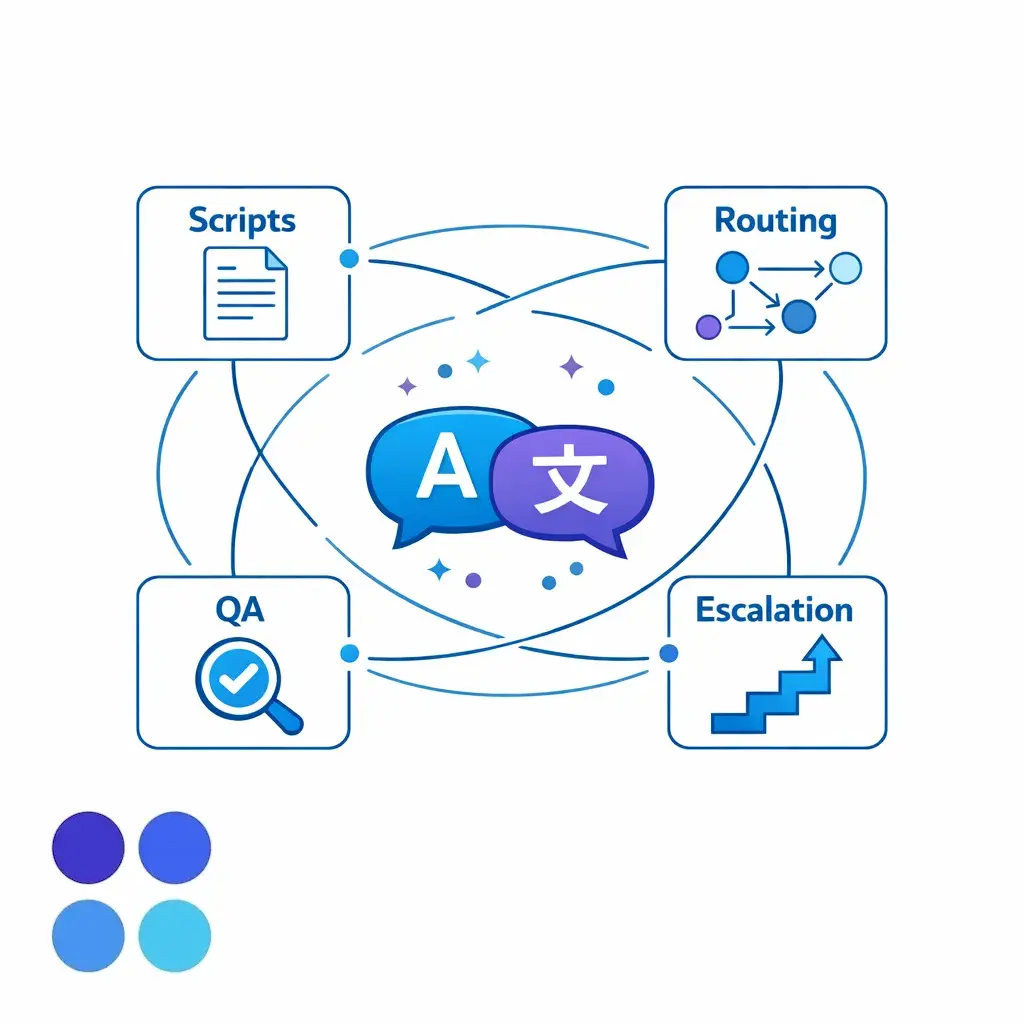 A layered workflow stack shows scripts, routing, QA, and escalation surrounding bilingual support.