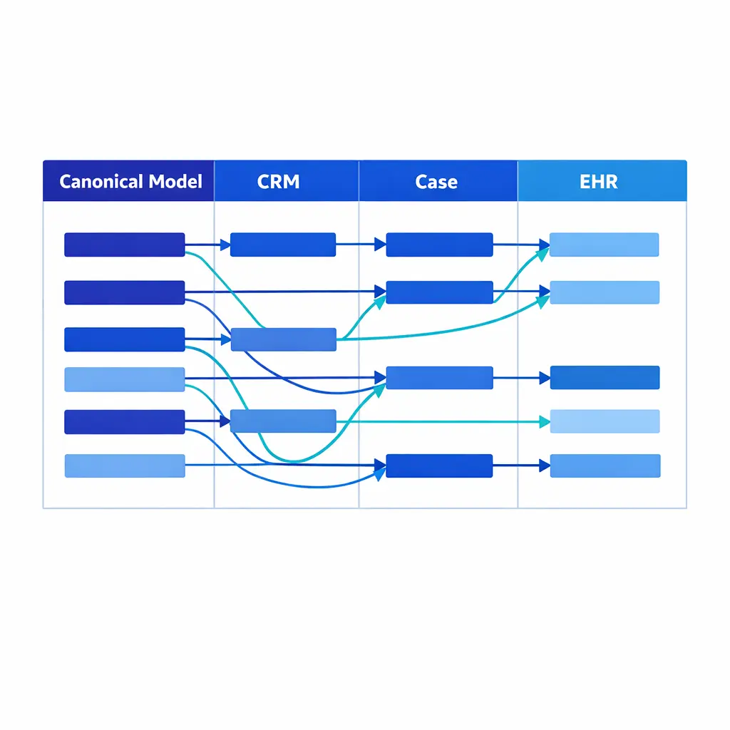 A field-mapping diagram links one canonical intake field to its destination across CRM, case management, and EHR systems.