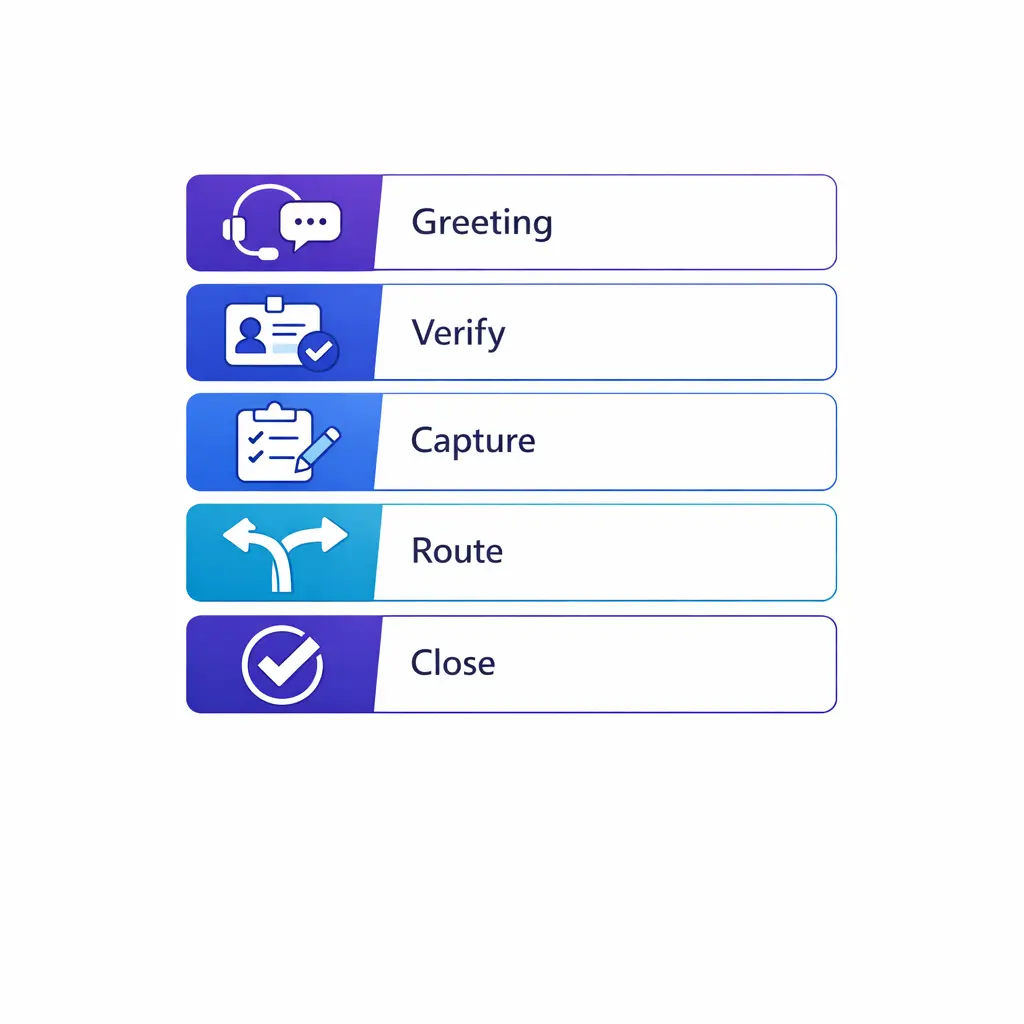 Five stacked modules show greeting, verification, issue capture, routing, and closing in a clean vertical system.