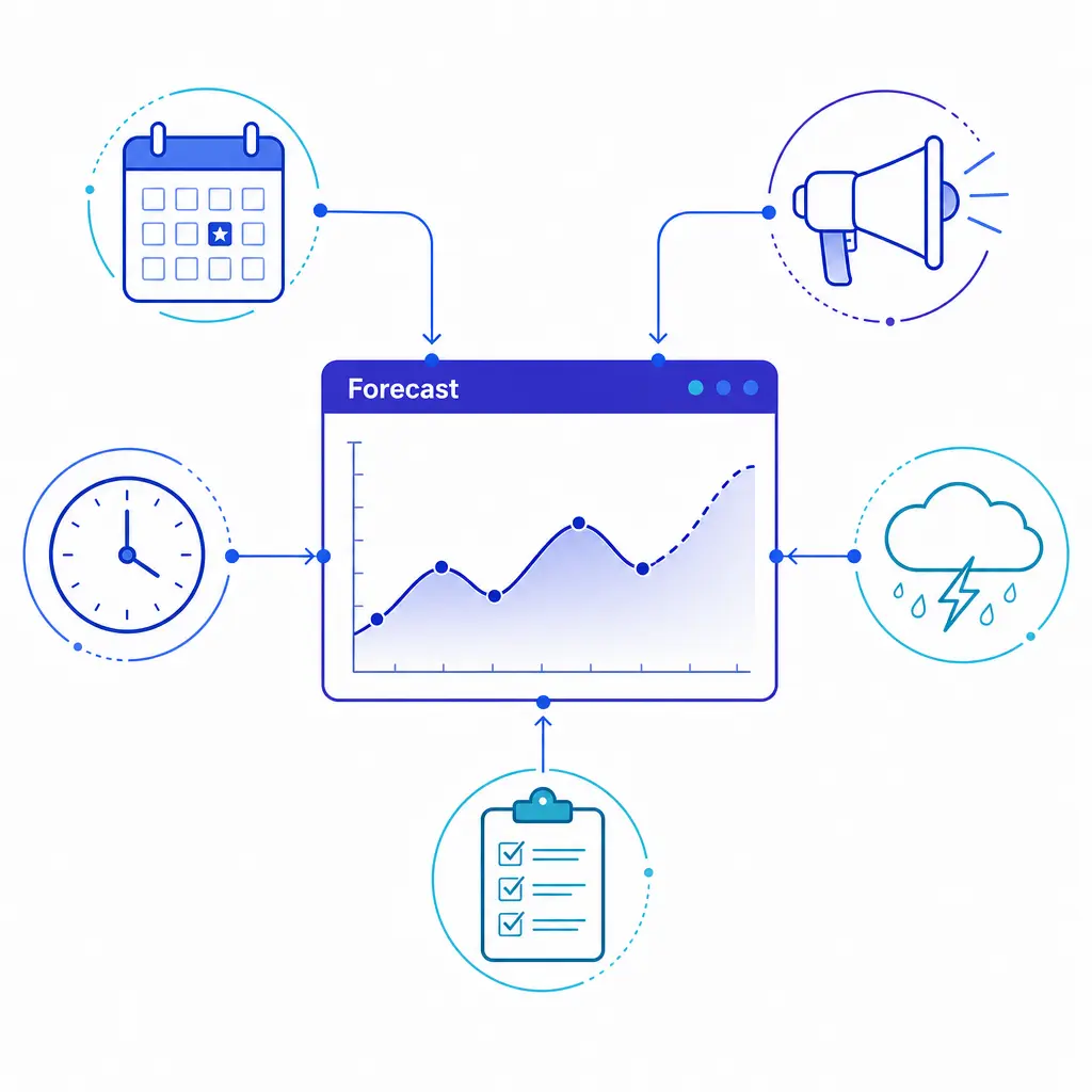 Operational events feed into a forecast panel, showing how campaigns, holidays, and handle time shape demand.