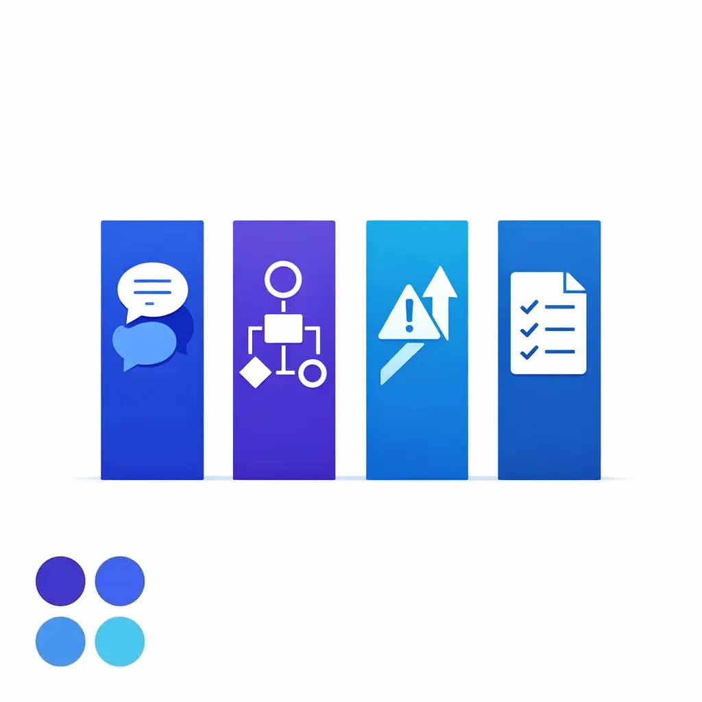 Four balanced pillars represent communication, process, escalation, and quality in a simple blue system diagram.