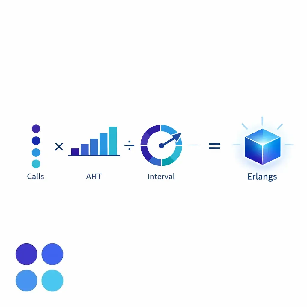 A simple equation converts call volume and handle time into erlangs using clean blue line art.