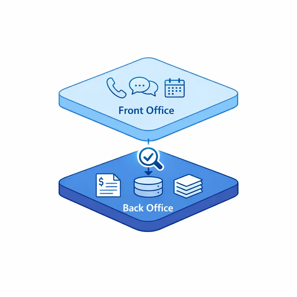 Two stacked layers show customer-facing intake and scheduling above internal billing and data workflows.