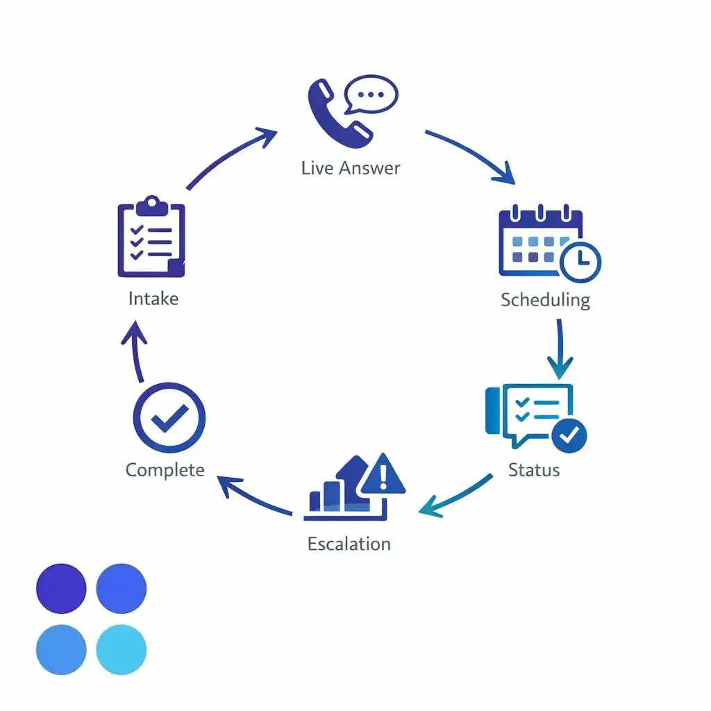 A bilingual workflow diagram highlights scheduling, intake, status updates, and completed tasks in one continuous process.