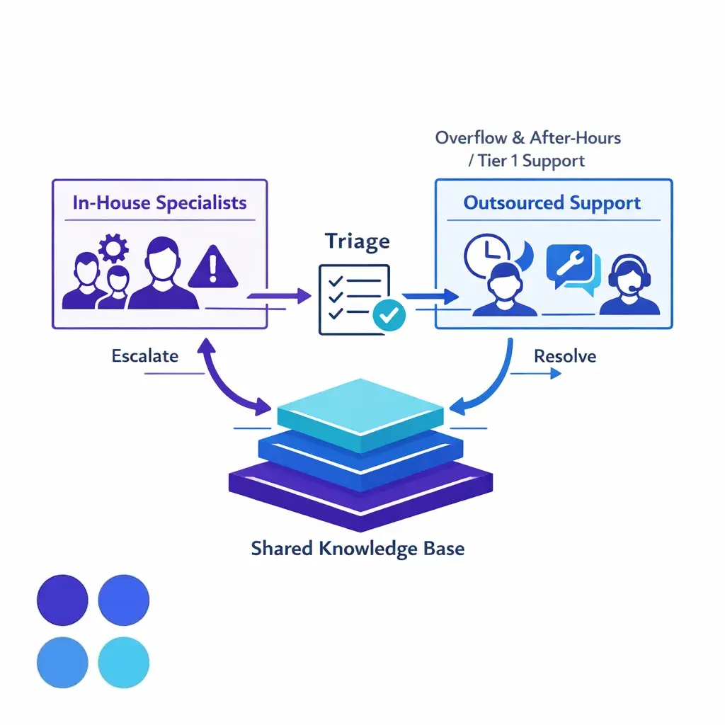 An illustrated hybrid model shows internal specialists and outsourced coverage working together through defined handoffs.