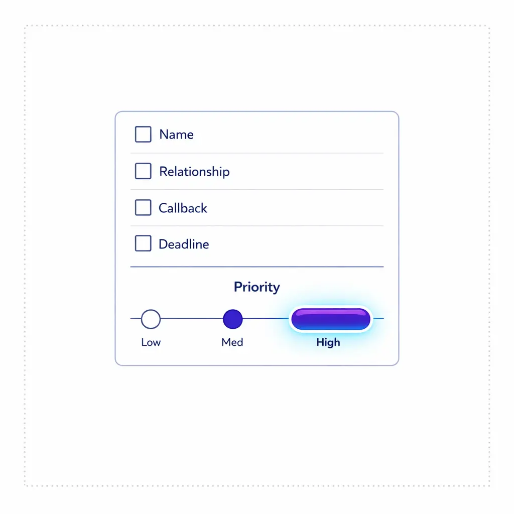 A checklist card with ID and urgency markers feeding into a priority badge.