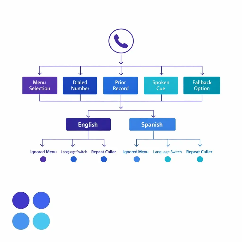 A bilingual routing diagram shows language detection, menu bypass, repeat caller history, and fallback paths for English and Spanish.