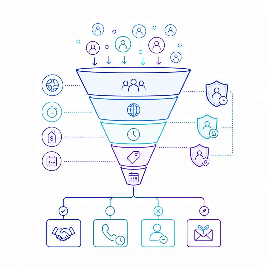 A visual funnel filters raw leads into qualified transfers and clean CRM-ready handoffs.