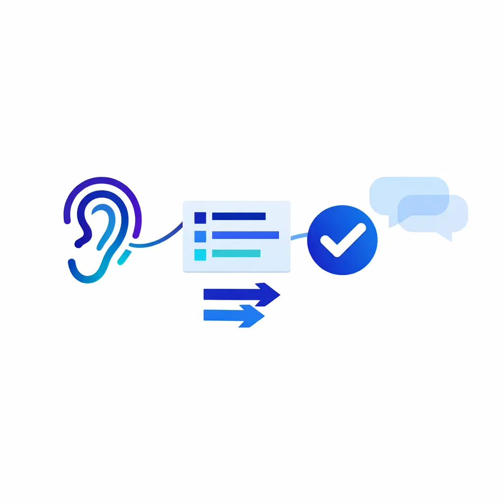 An ear icon and concise note card show active listening leading to better issue capture.