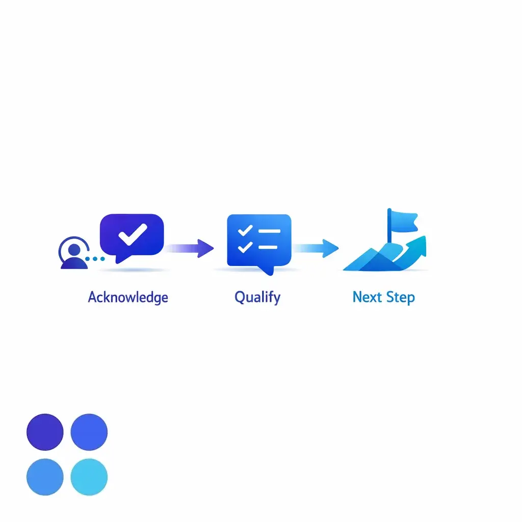 A customer engagement timeline highlights immediate acknowledgment, qualification, and next steps in one flow.