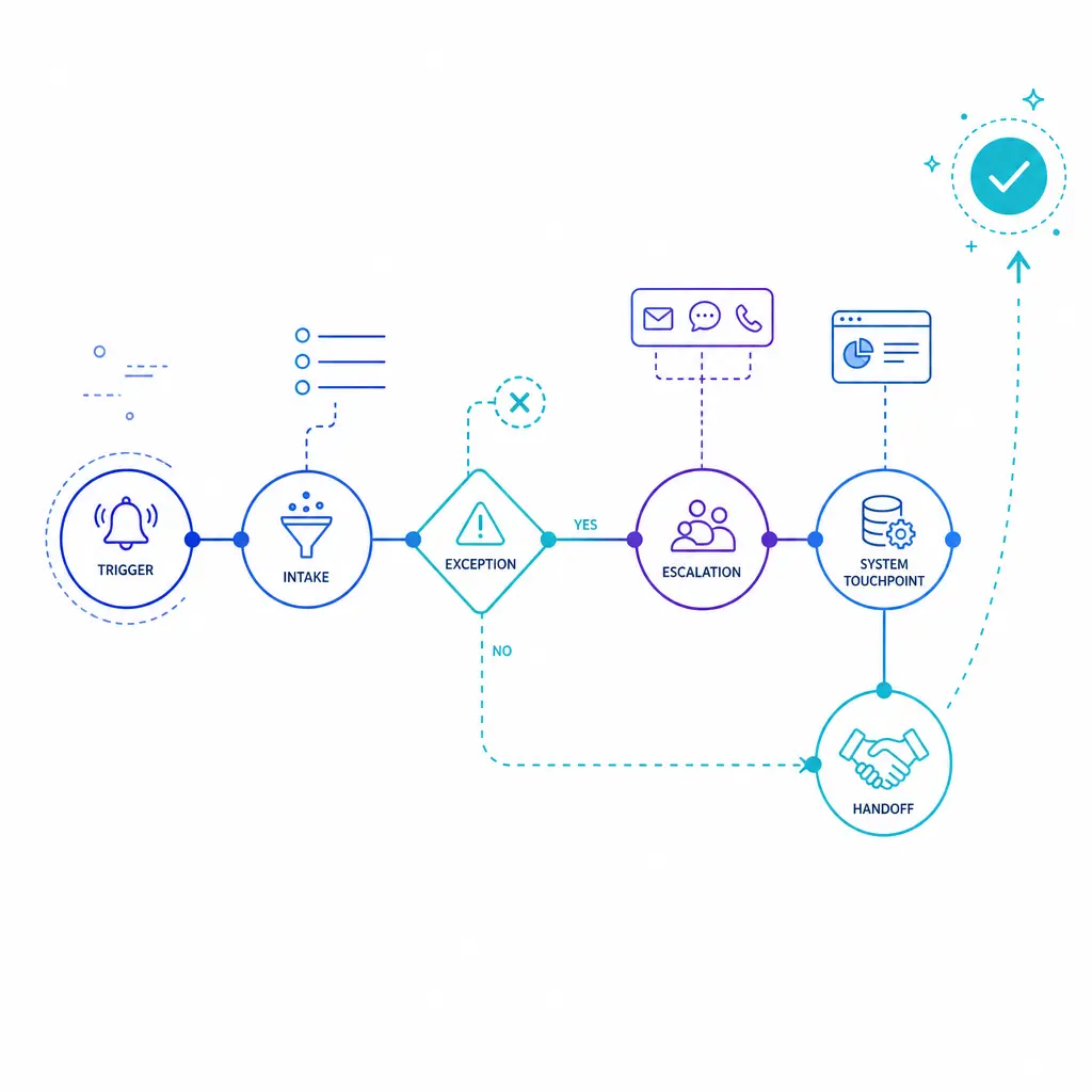 A workflow blueprint shows triggers, scripts, exceptions, and handoffs before any vendor comparison begins.
