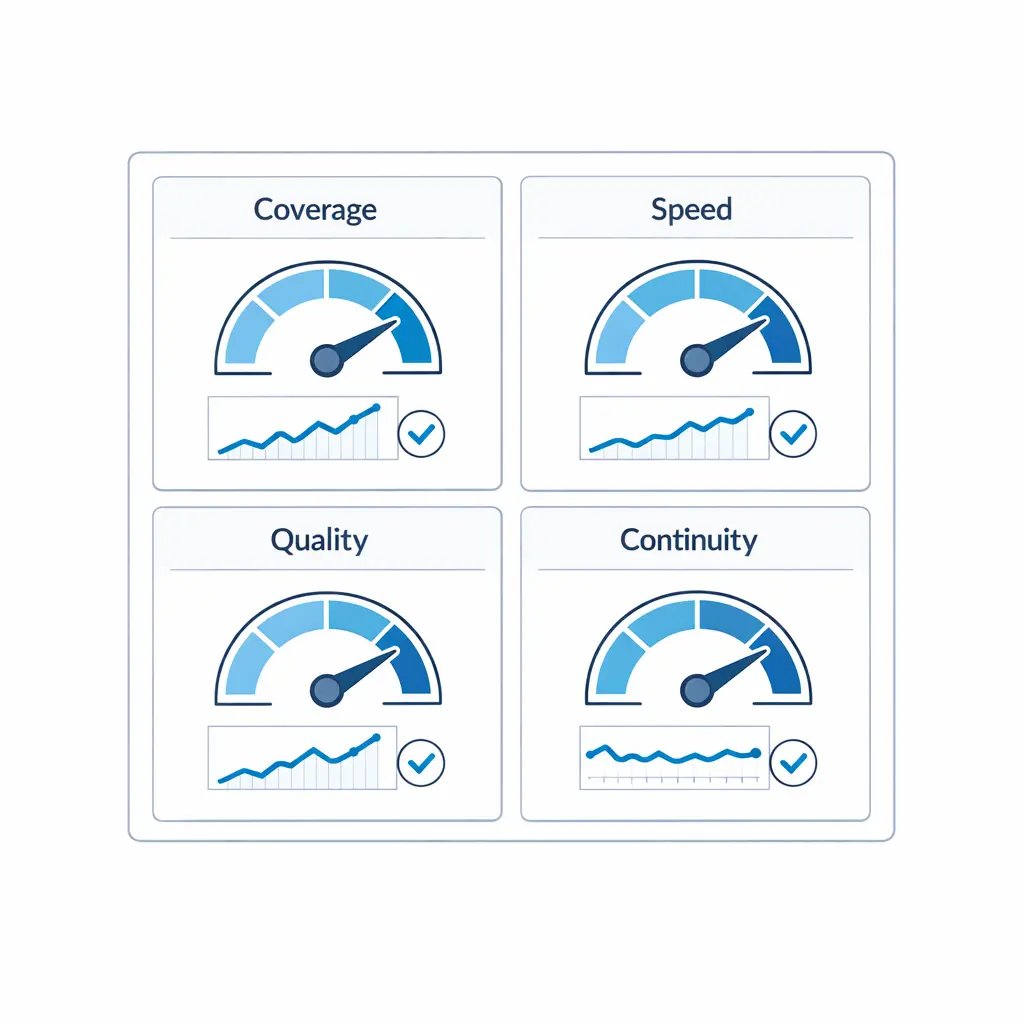 A simple dashboard illustrates coverage, speed, quality, and continuity as gauges and trend lines.