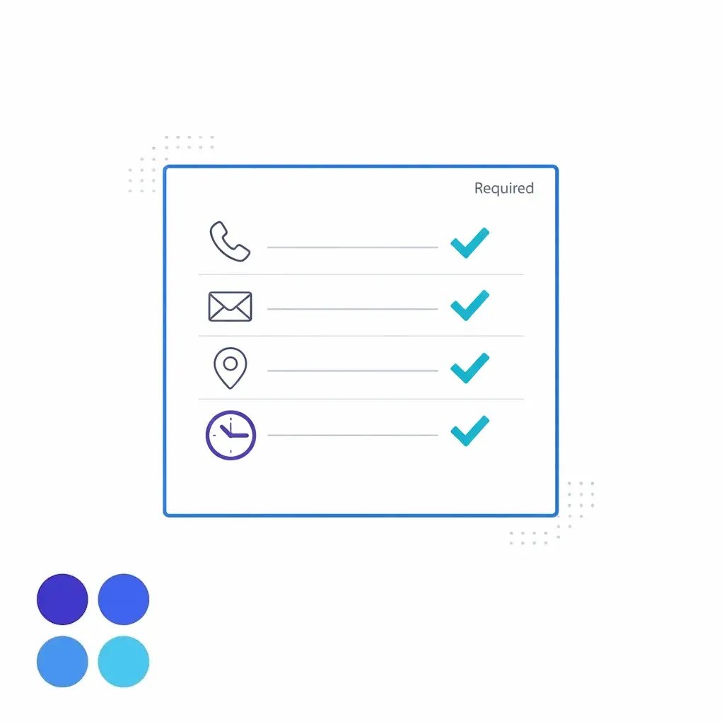 A CRM record card is paired with a concise checklist of required intake fields.