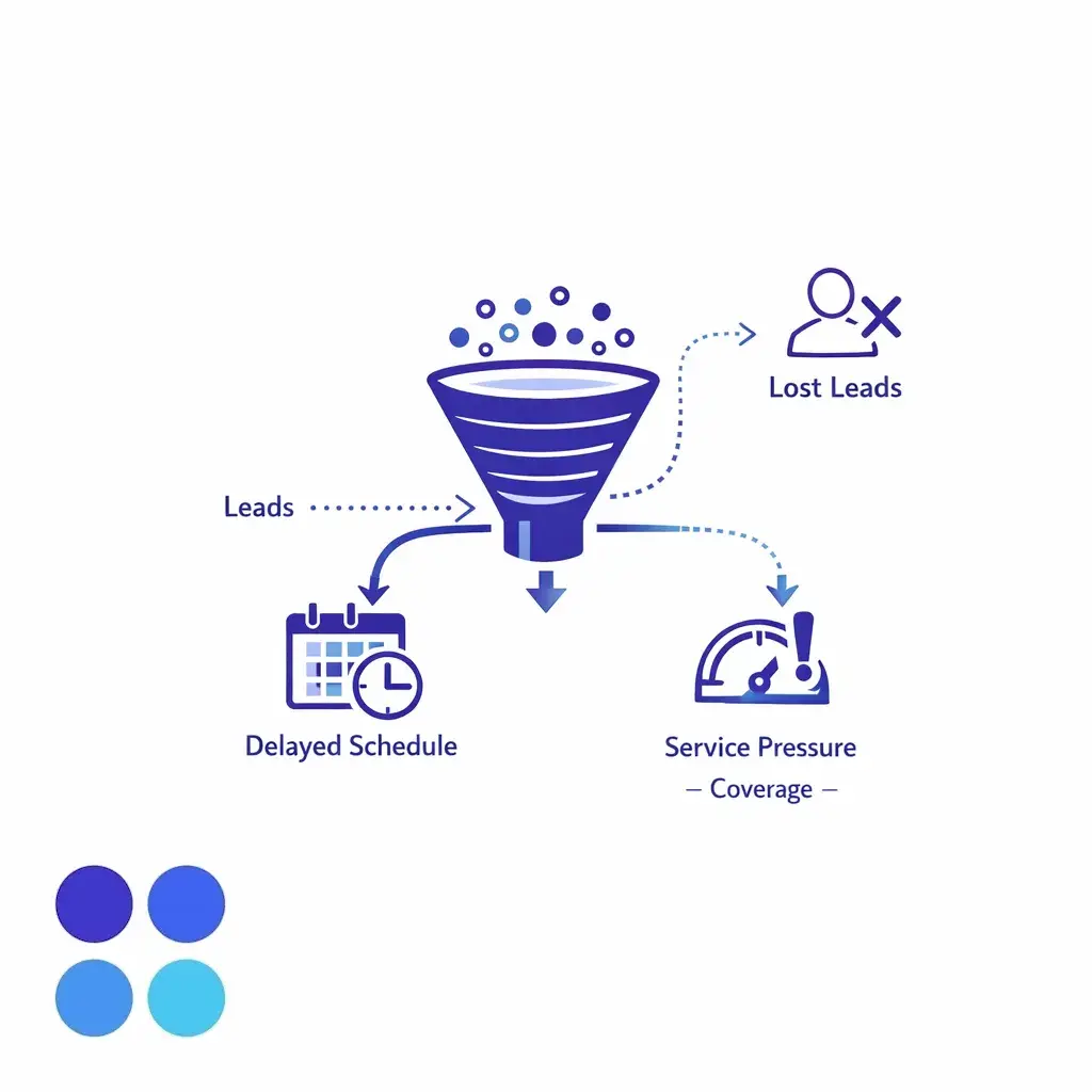 A queue bottleneck feeds into missed appointments, lost leads, and delayed service in a clean icon-based graphic.