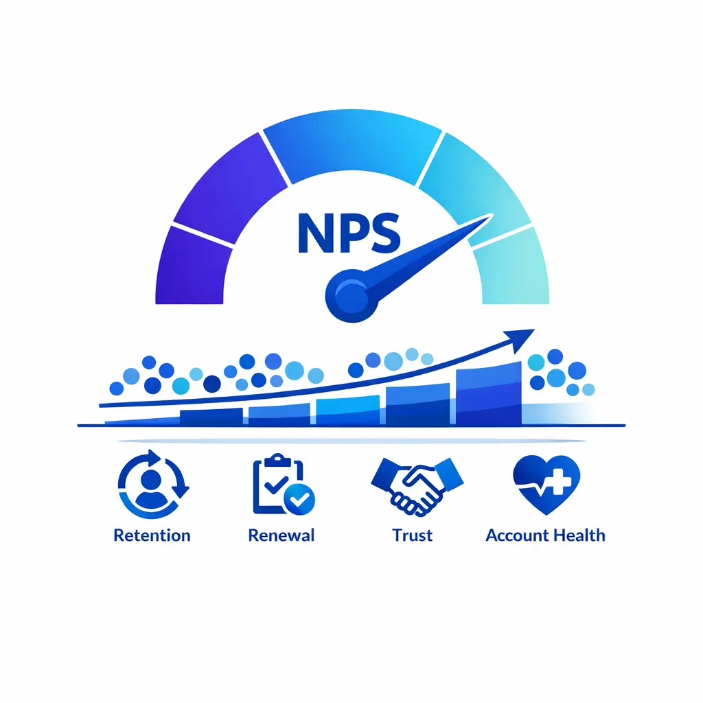 A relationship-level metric graphic shows NPS connected to loyalty, retention, and brand health over time.
