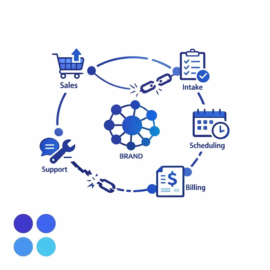 Connected department icons form one brand shape with one broken link causing visible fragmentation.