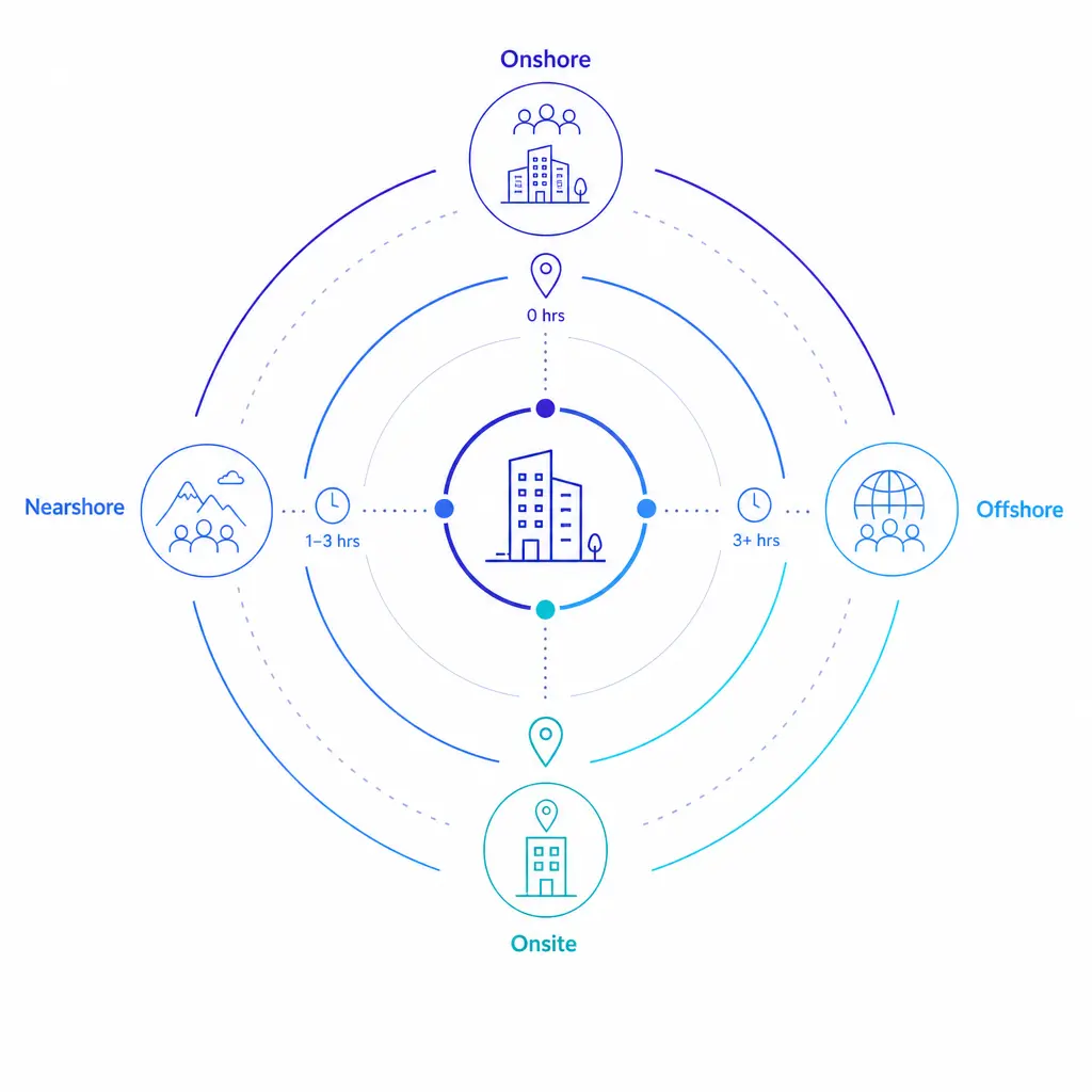 Four location models are mapped as simple connected zones around a central business icon.