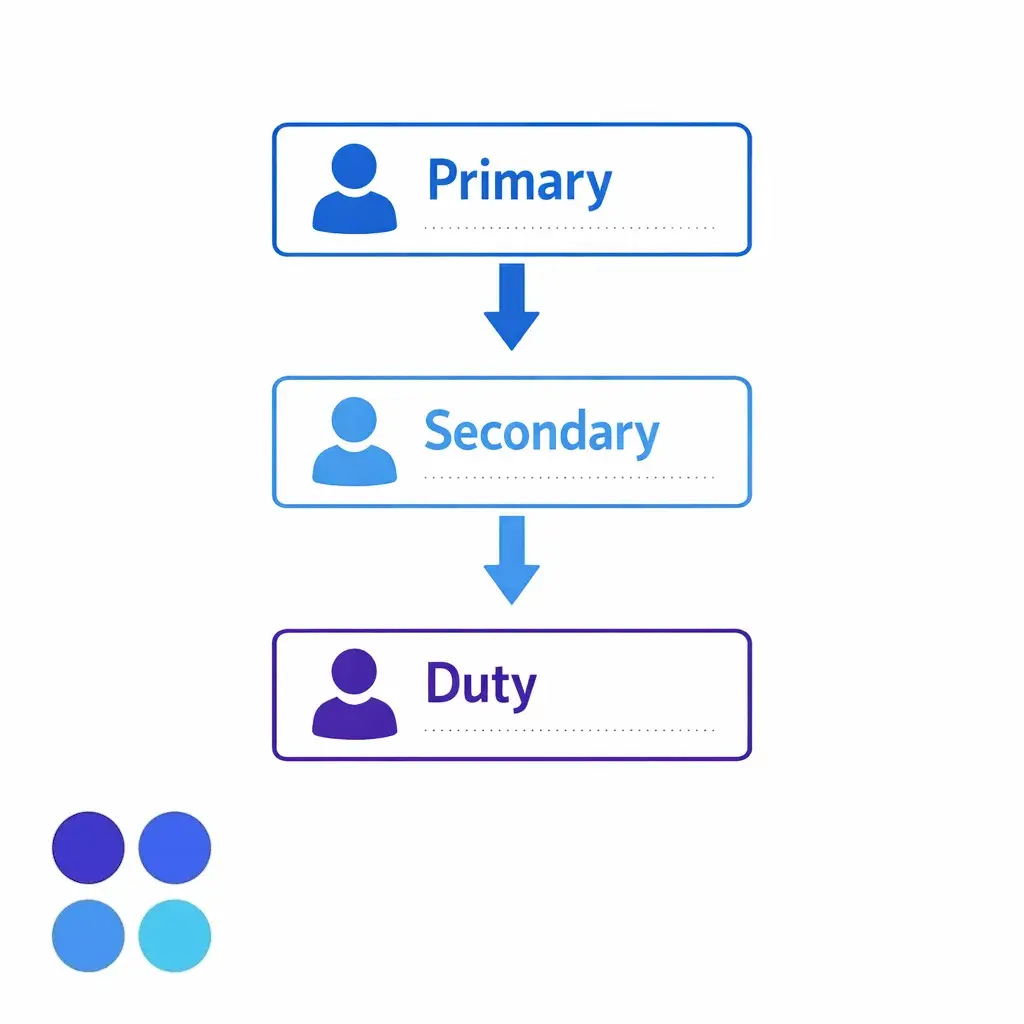 A role-based escalation chain shows primary, secondary, and duty manager ownership.