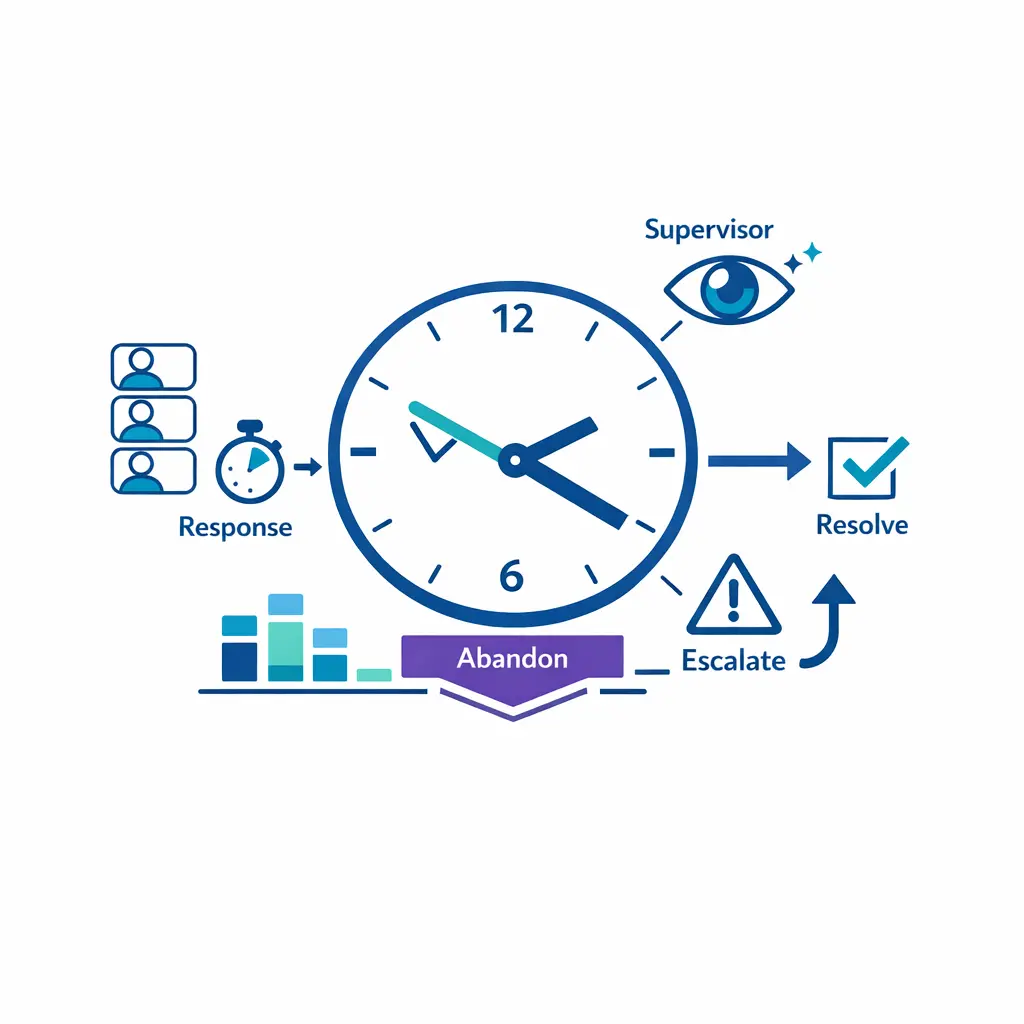 An operational SLA dashboard uses clocks, queue bars, and handoff arrows to show timing definitions and escalation ownership.