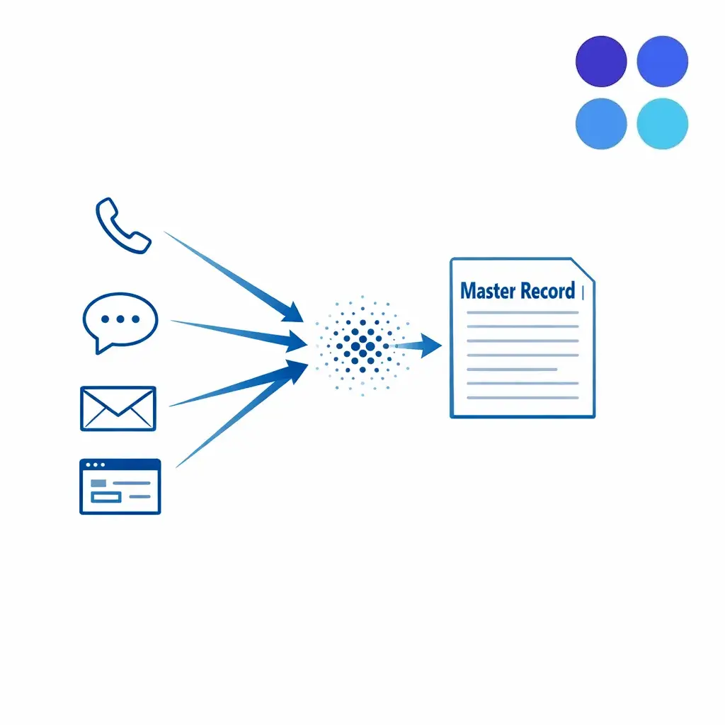 An icon stack shows multiple calls and channels merging into one unified master intake record.