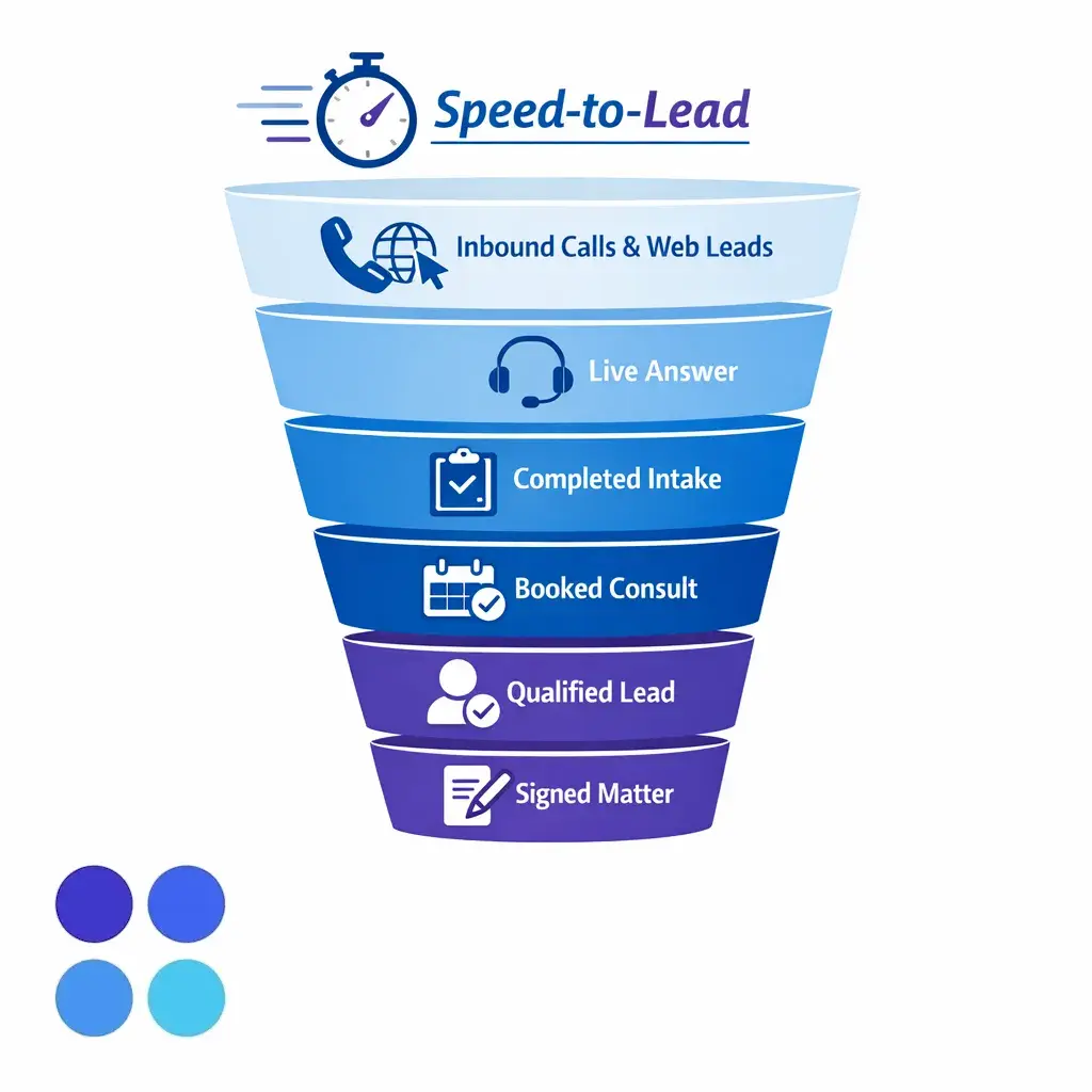 A sleek funnel visual shows faster response narrowing into booked consults and signed matters.