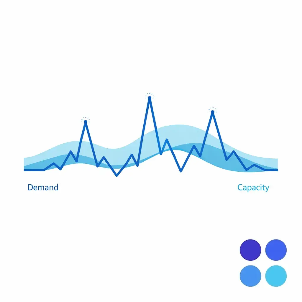 A simple chart with spiky call volume and a flexible capacity band illustrating scaling without overstaffing.