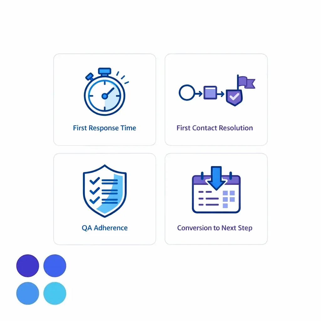 Four balanced KPI tiles show speed, resolution, quality control, and conversion as the core executive customer service metrics.