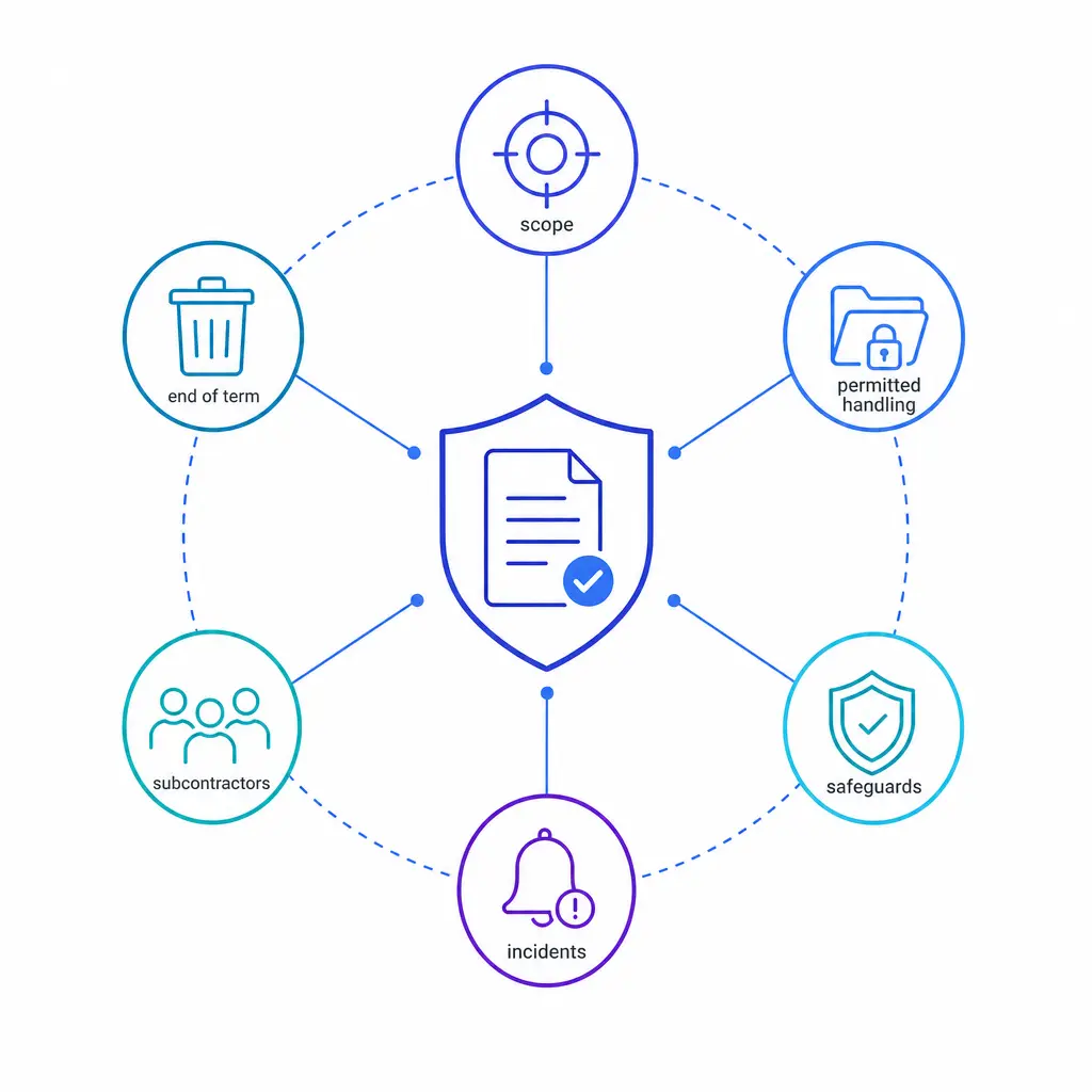 Six connected compliance modules summarize the key topics a call center BAA should address.