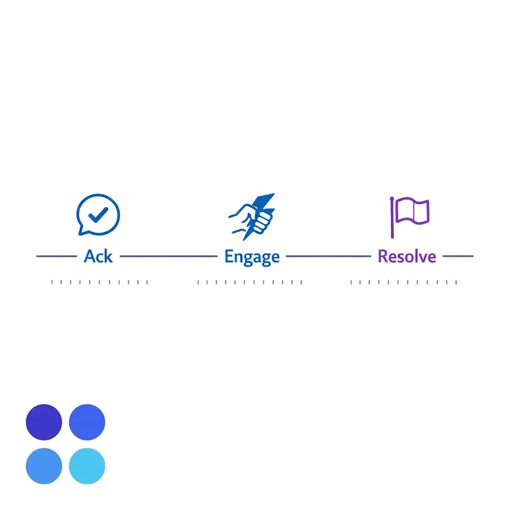 A three-step SLA timeline highlights acknowledge, engage, and resolve or reclassify.