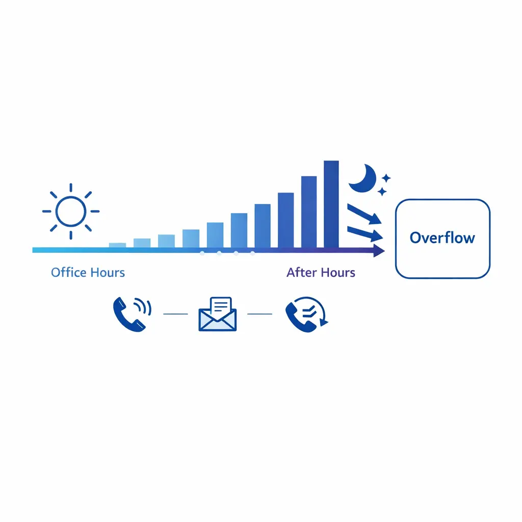 A day-to-night timeline highlights overflow and after-hours legal call coverage.