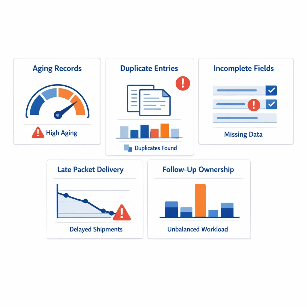A simple dashboard highlights backlog, duplicates, incomplete fields, and late packets as outsourcing triggers.