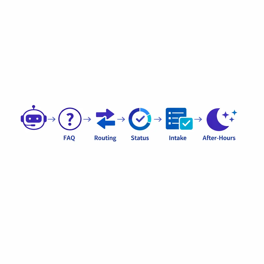 A streamlined bot workflow handles FAQs, routing, status checks, and after-hours intake in a simple visual flow.