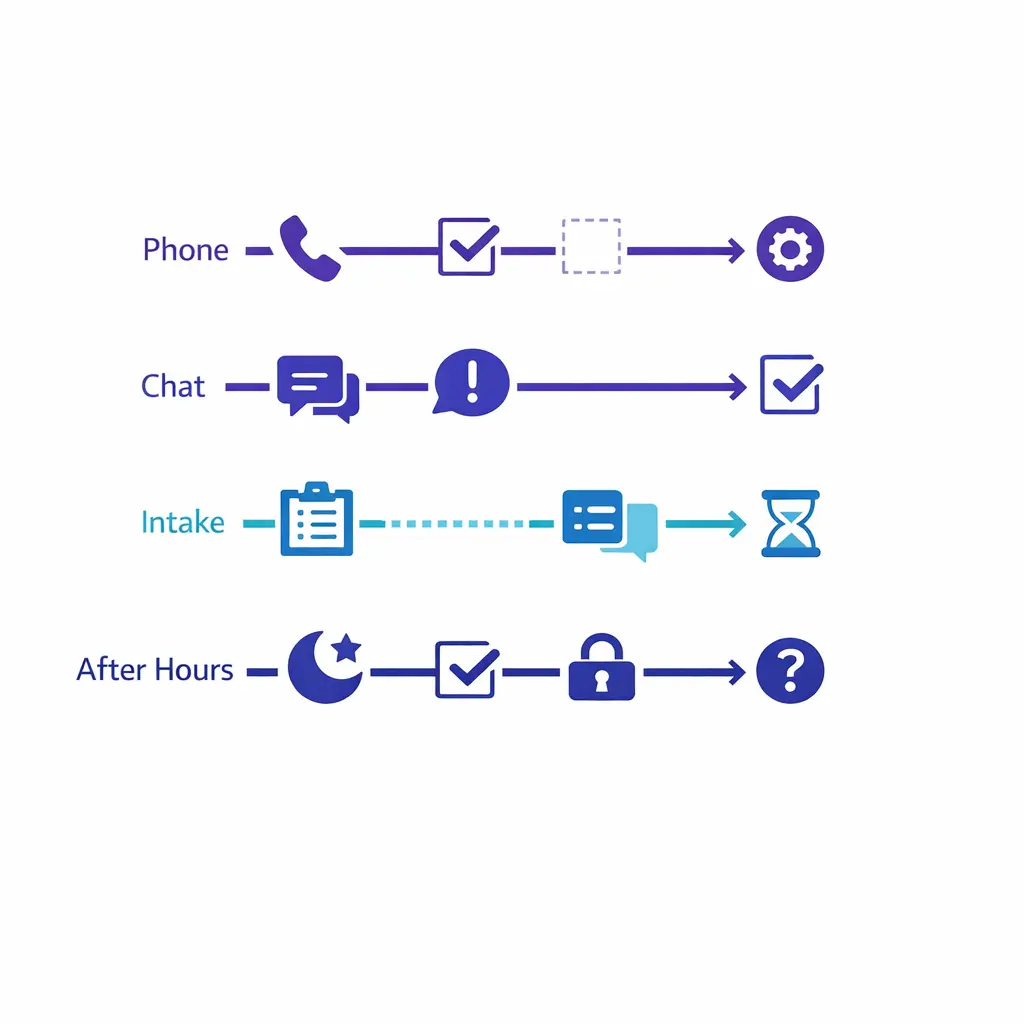 Phone, chat, web intake, and after-hours paths diverge to reveal where inconsistent handling creates service gaps.