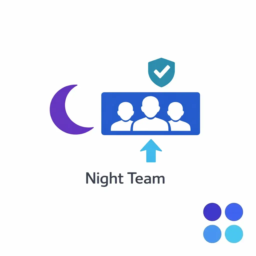 A crescent moon and a stable team block show a first-class night shift with coaching and QA.