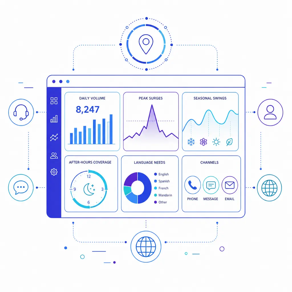 A coverage dashboard visualizes peak volumes, after-hours windows, channels, and language requirements.