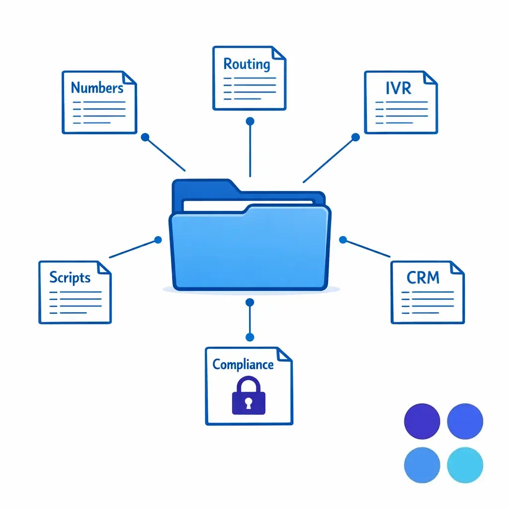 A central folder connects to call inventory, IVR map, scripts, CRM fields, and compliance artifacts.