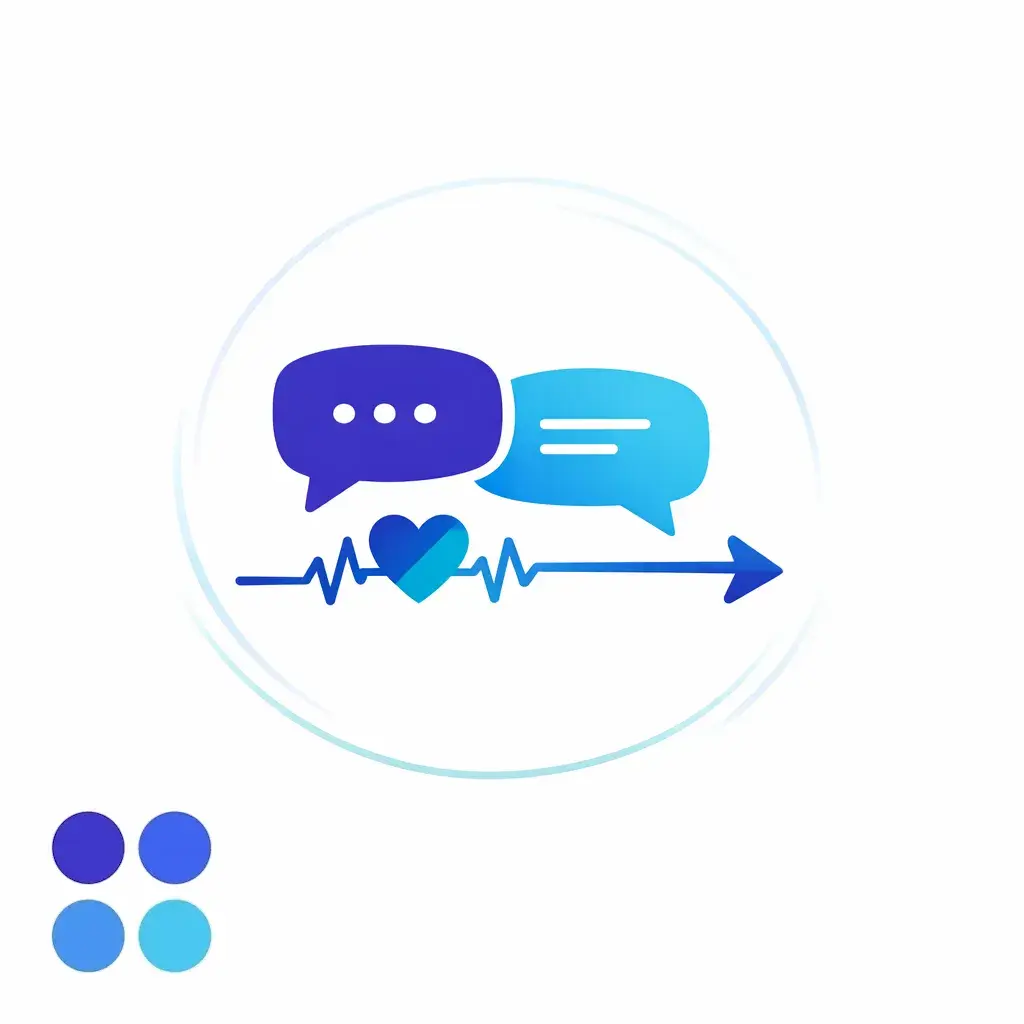 A calm speech bubble and pulse line suggest empathy that stays concise in busy queues.