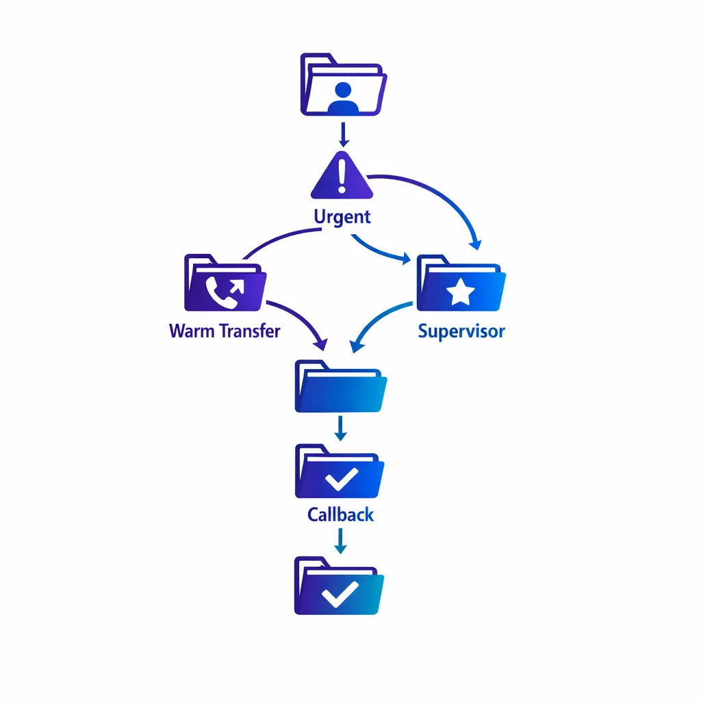 A decision tree shows urgent issues routed correctly without forcing callers to repeat their story in English.