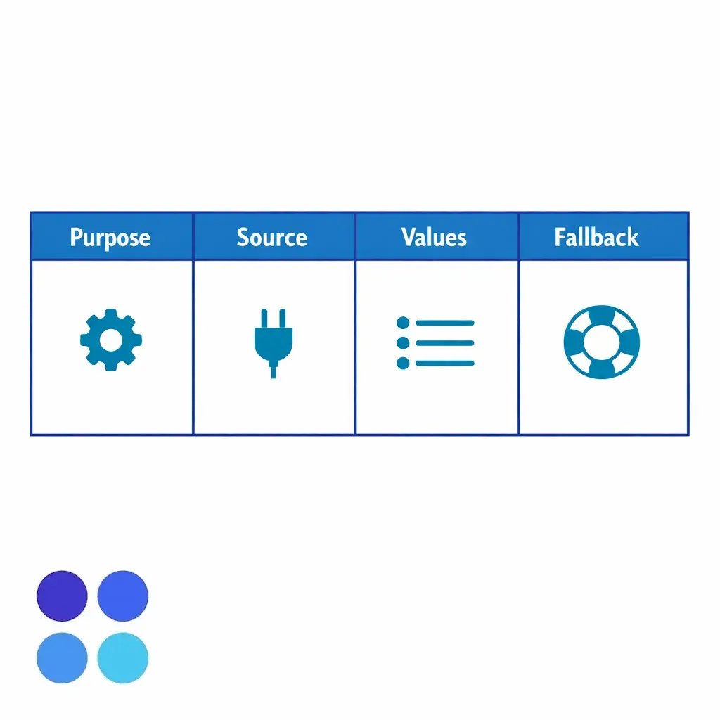 A structured field dictionary grid shows purpose, source, allowed values, and fallback behavior.