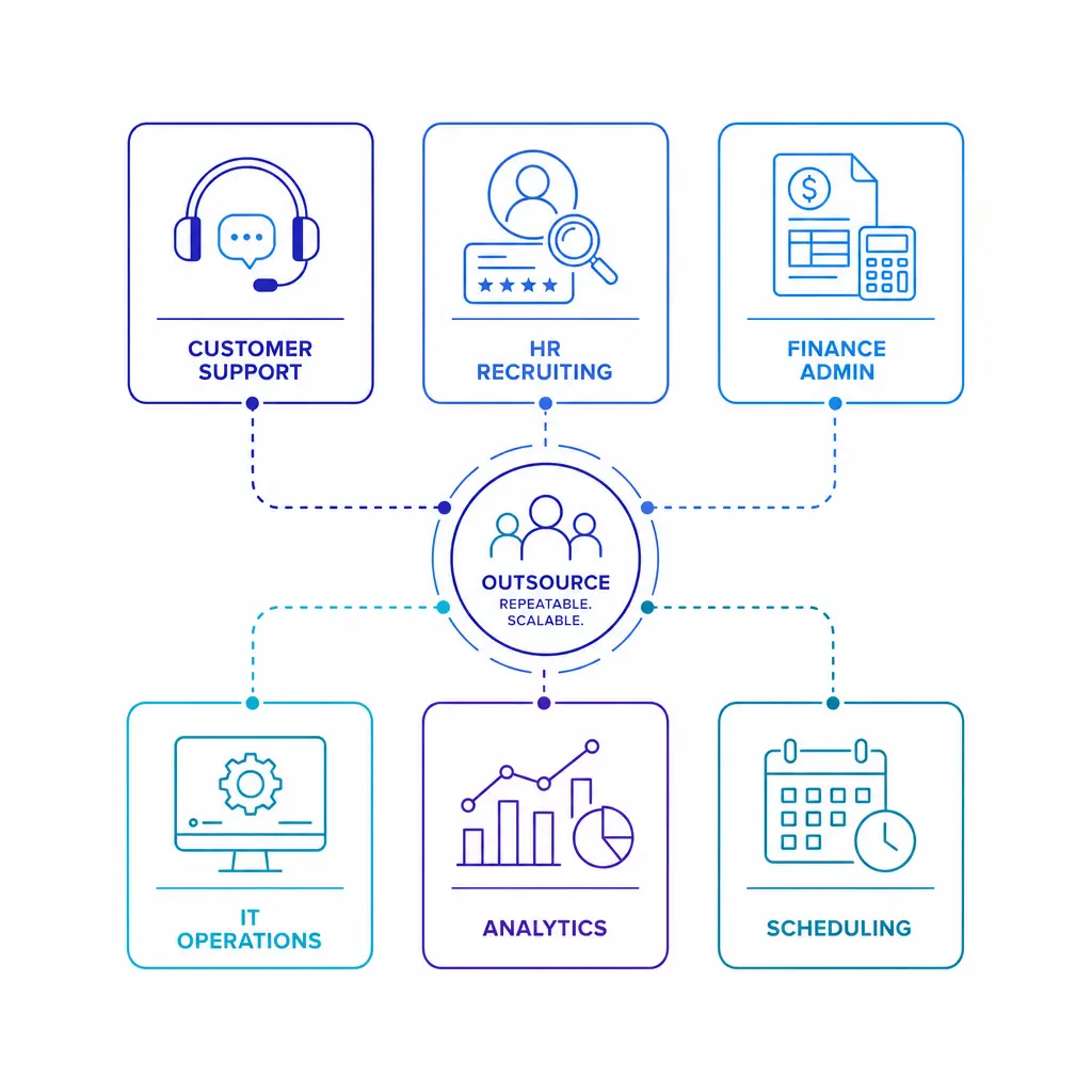 Service modules for support, HR, finance, IT, and research appear as clean icons in a structured grid.
