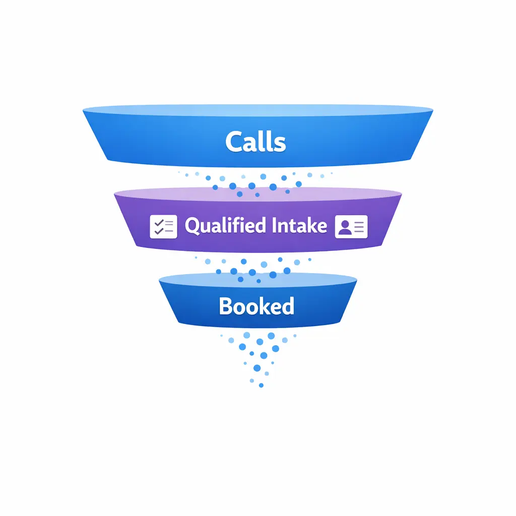 A funnel showing calls turning into qualified intake and booked appointments with emphasis on data completeness.
