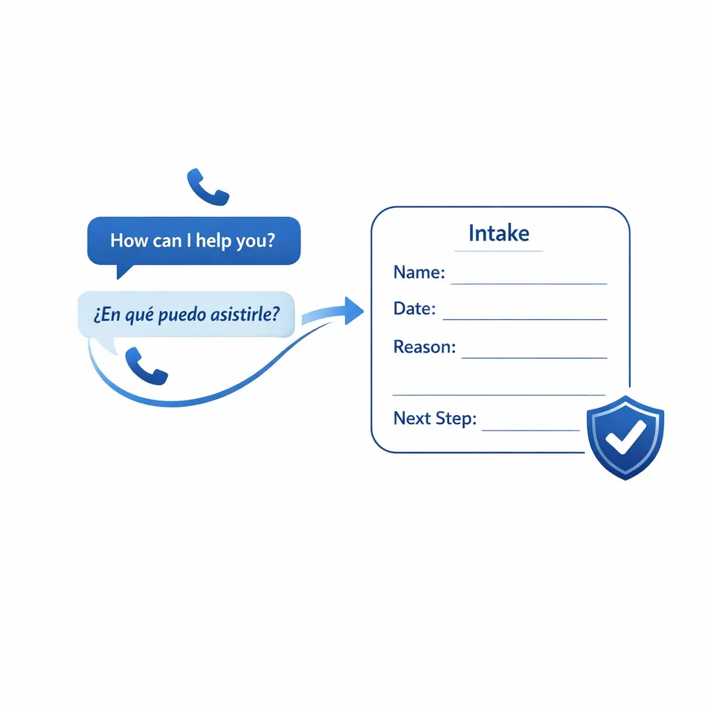 A structured intake form icon fills with accurate details from a bilingual call path.