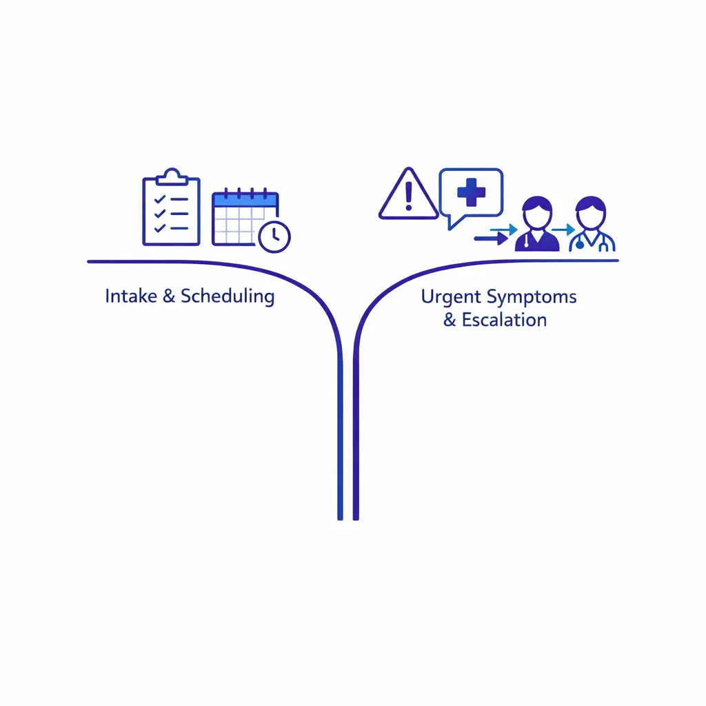 A forked workflow separates routine patient intake from urgent symptom escalation in a simple clinical process diagram.
