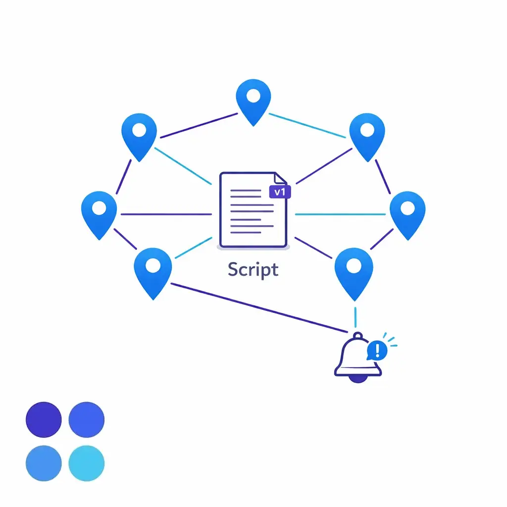 Multiple site pins connect to one standardized script and escalation path.