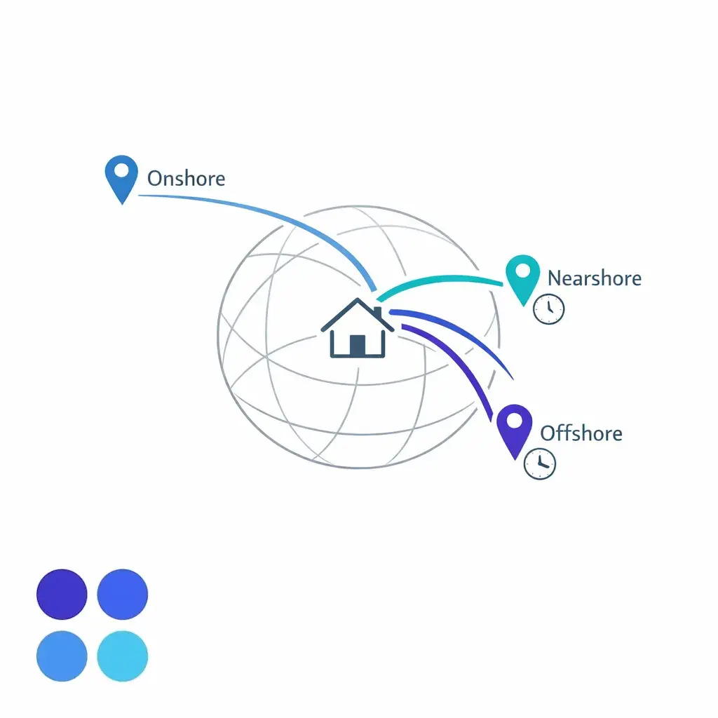 A simplified globe-style diagram compares onshore, nearshore, and offshore delivery by distance and time zones.
